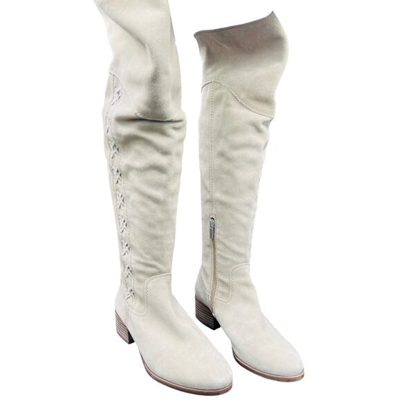 🤍 Vince Camuto Over The Knee Boots Beige Suede Size 7.5M Lace Detail Tall Chic - Picture 1 of 9